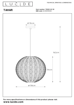 TAHAR - Hanglamp - 1xE27 - Zwart*Lucide Clearance