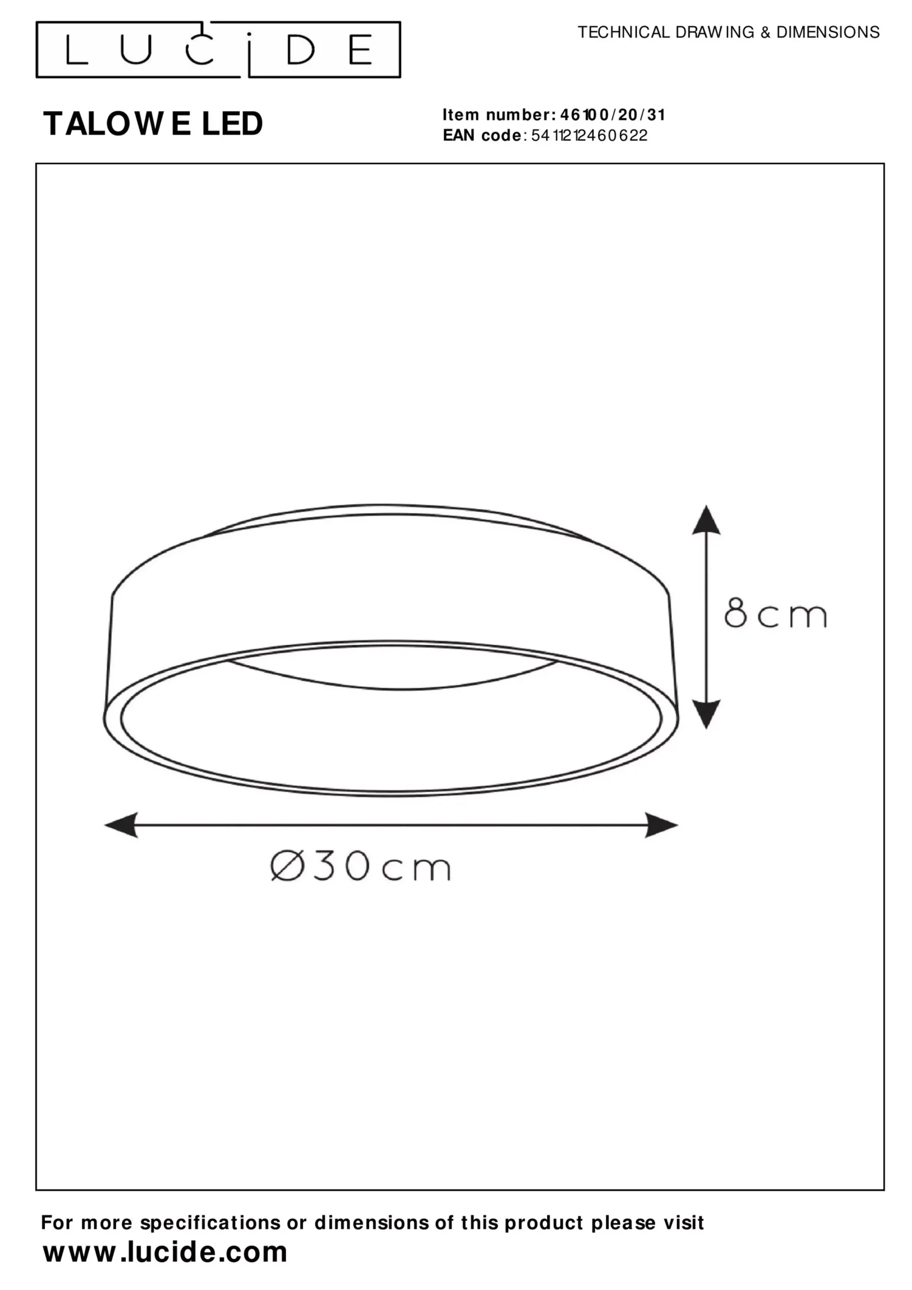 TALOWE LED - Plafonnière - Ø 30 cm - LED Dimb. - 1x20W 3000K - Wit*Lucide Hot