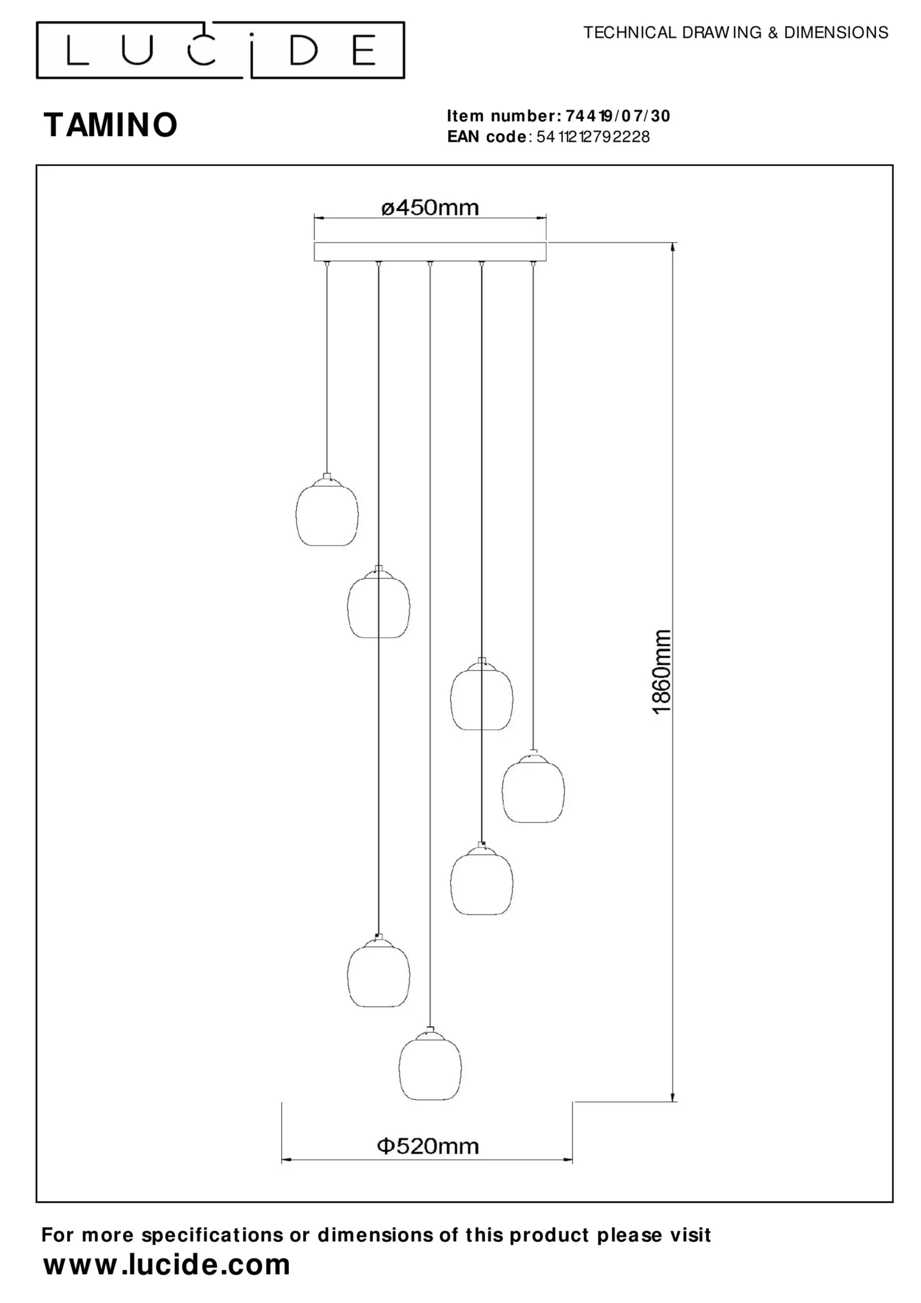TAMINO - Hanglamp - Ø 52 cm - LED Dimb. - 7x7W 3000K - Zwart*Lucide Shop