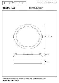 TENDO-LED - Plafonnière - Ø 22 cm - LED - 1x18W 3000K - Wit*Lucide Outlet