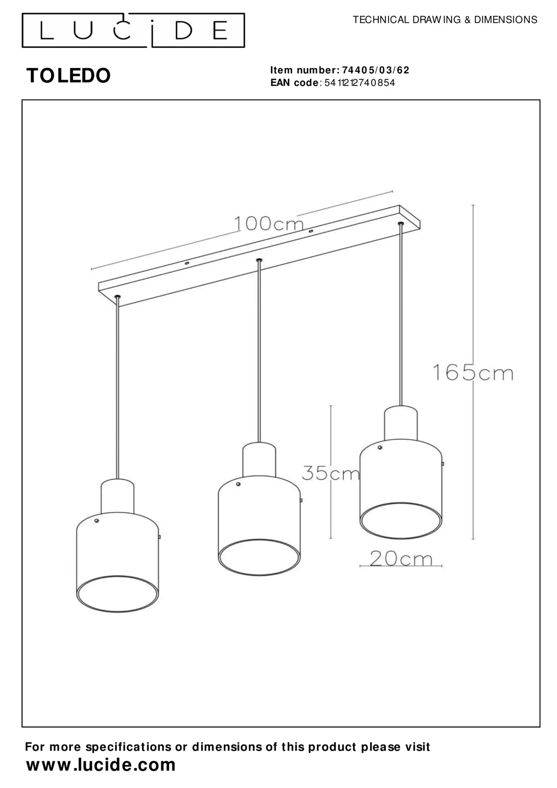TOLEDO - Hanglamp - Ø 20 cm - 3xE27 - Amber*Lucide Fashion