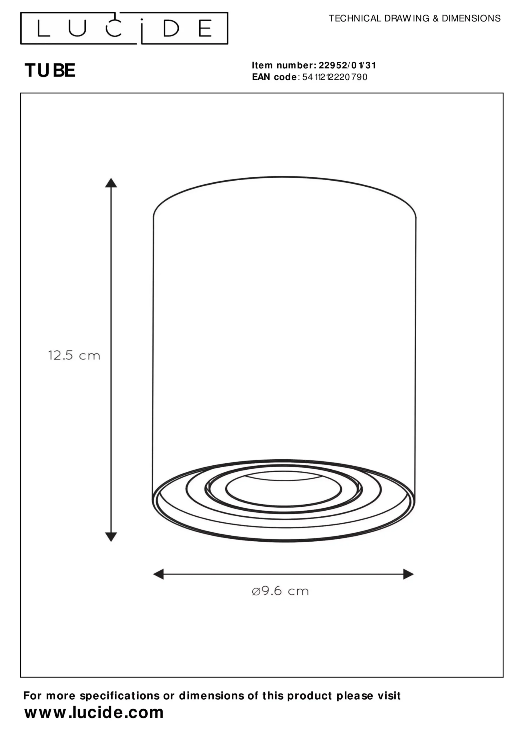 TUBE - Plafondspot - Ø 9,6 cm - 1xGU10 - Wit*Lucide Cheap