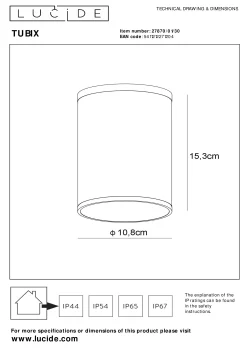 TUBIX - Plafondspot Binnen/Buiten - Ø 10,8 cm - 1xE27 - IP54 - Antraciet*Lucide Fashion