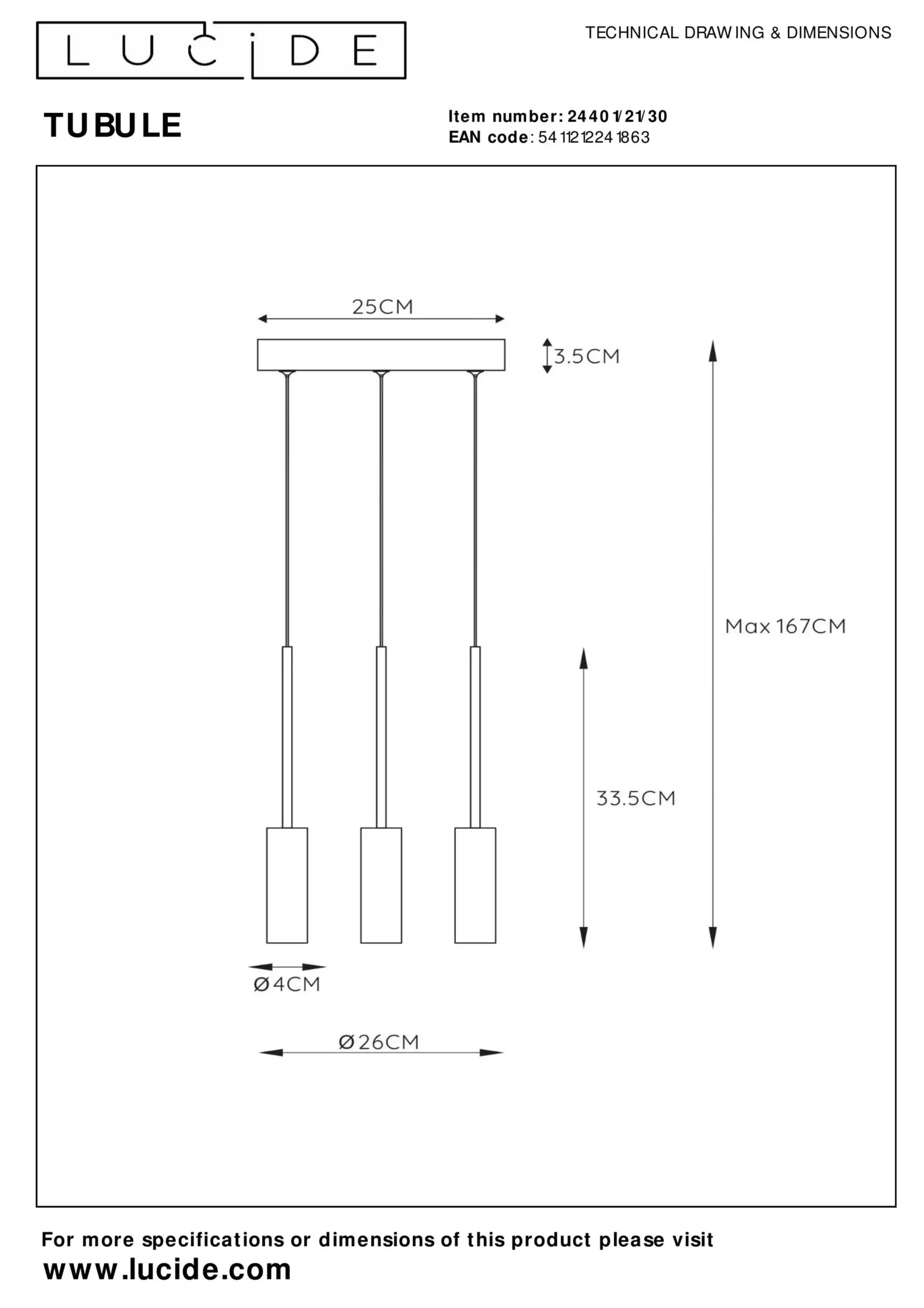 TUBULE - Hanglamp - Ø 26 cm - LED - 3x7W 2700K - Zwart*Lucide Sale