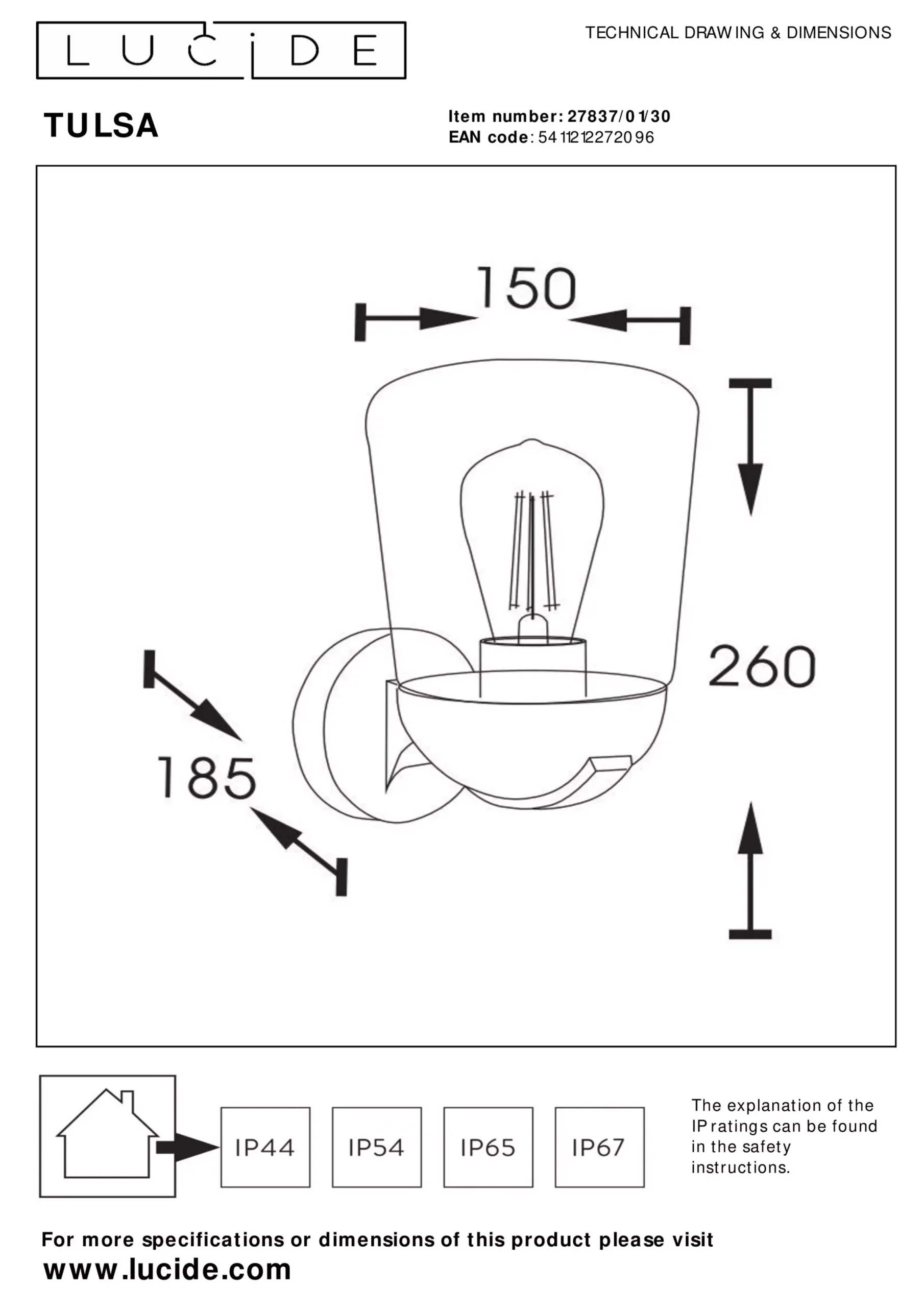 TULSA - Wandlamp Binnen/Buiten - 1xE27 - IP44 - Zwart*Lucide Sale