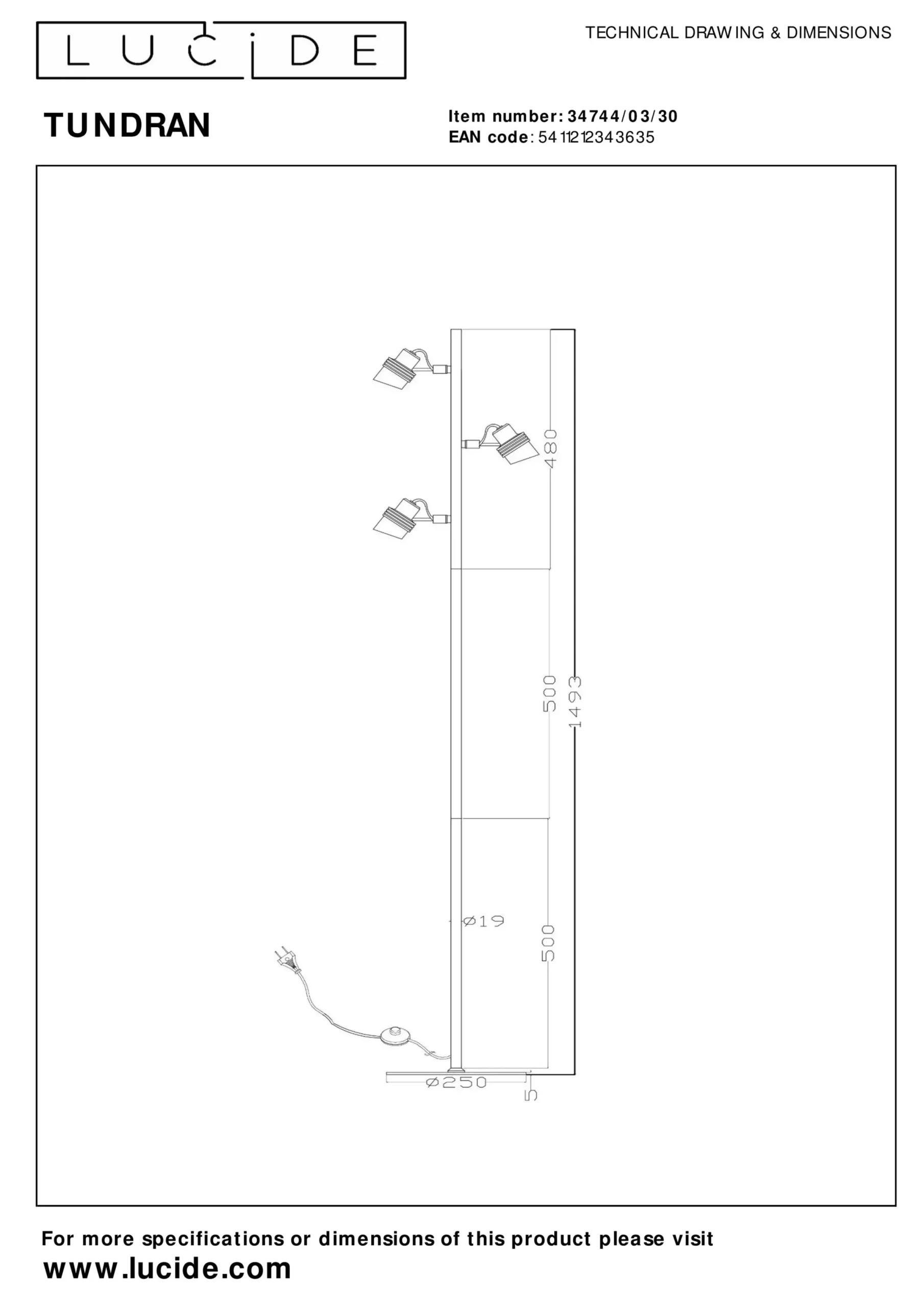 TUNDRAN - Vloerlamp - 3xGU10 - Zwart*Lucide Best