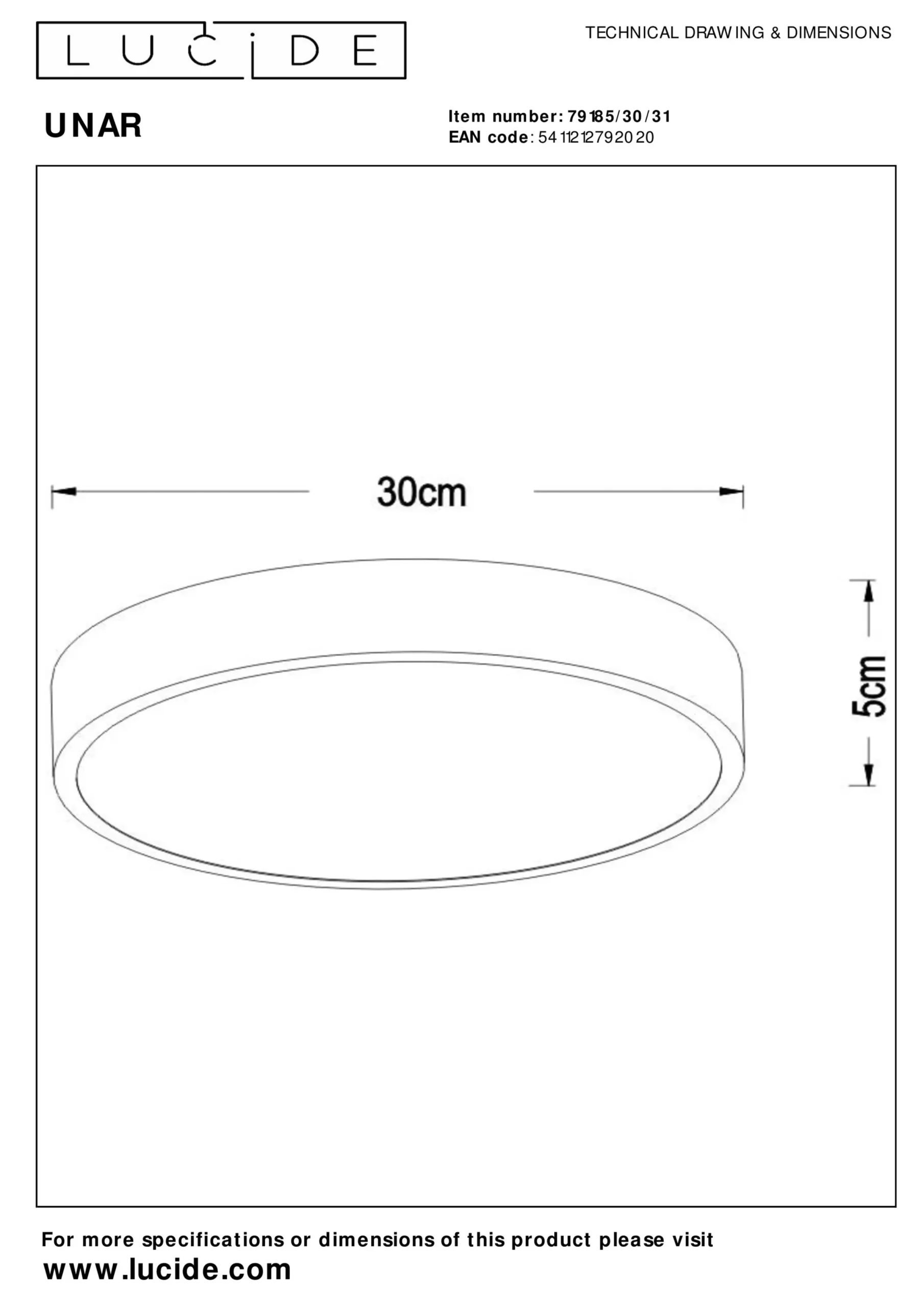 UNAR - Plafonnière - Ø 30 cm - LED 3 StepDim - 1x18W 2700K - Wit*Lucide Discount