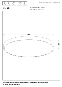 UNAR - Plafonnière - Ø 60 cm - LED 3 StepDim - 1x60W 2700K - Wit*Lucide Hot