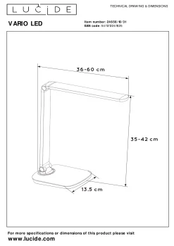 VARIO LED - Bureaulamp - LED Dim to warm - 1x8W 2700K/6500K - Wit*Lucide Shop