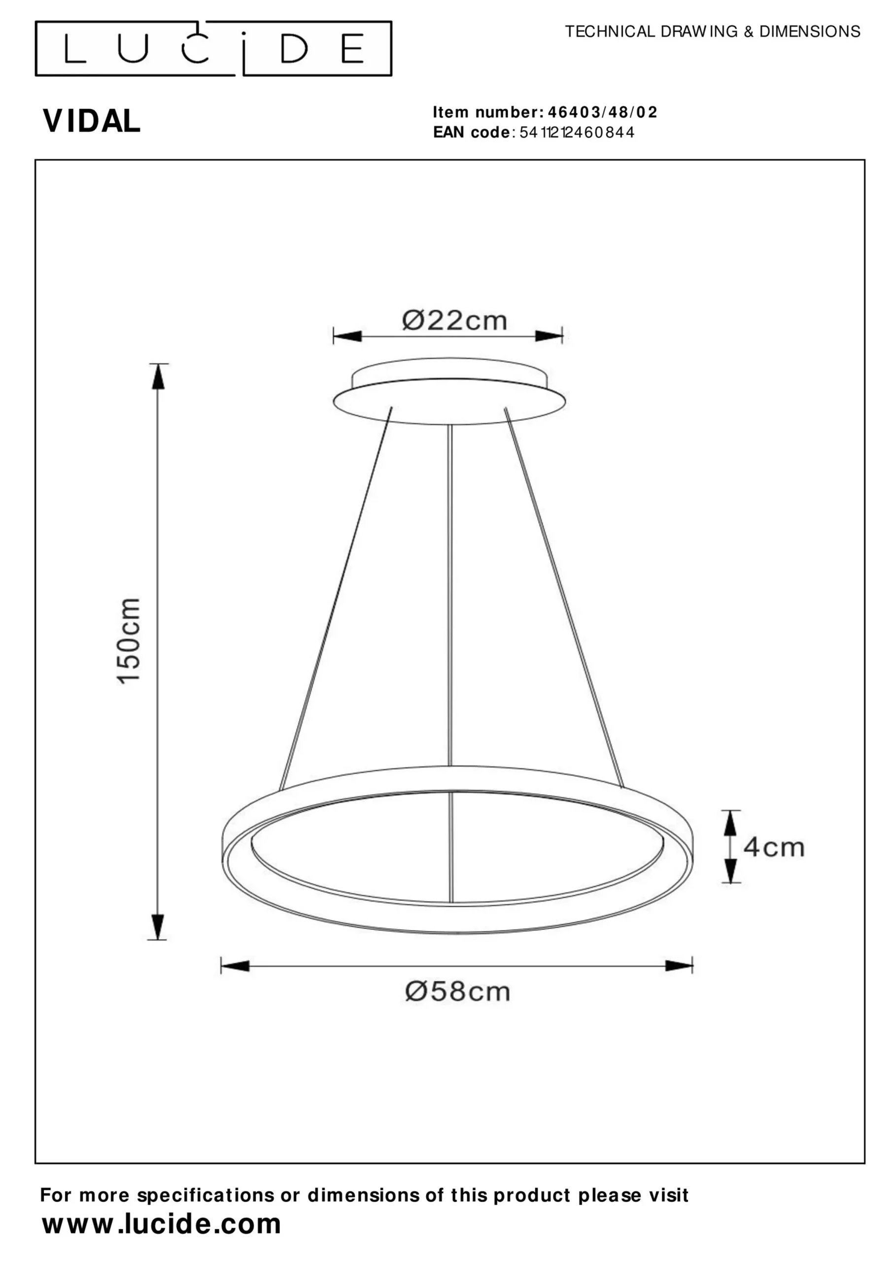VIDAL - Hanglamp - Ø 58 cm - LED Dimb. - 1x48W 2700K - Mat Goud / Messing*Lucide Discount