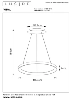 VIDAL - Hanglamp - Ø 58 cm - LED Dimb. - 1x48W 2700K - Zwart*Lucide Online