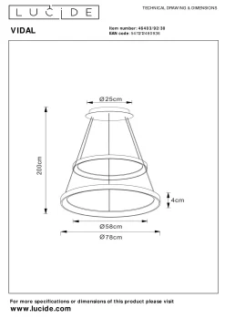 VIDAL - Hanglamp - Ø 78 cm - LED Dimb. - 1x92W 2700K - Zwart*Lucide Discount