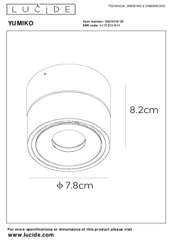 YUMIKO - Plafondspot - Ø 7,8 cm - LED Dimb. - 1x10W 2700K - Zwart*Lucide Discount