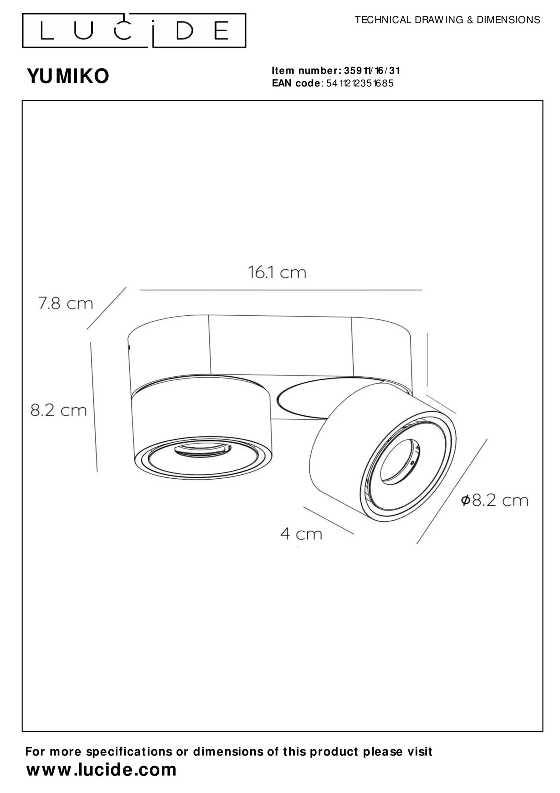 YUMIKO - Plafondspot - Ø 7,8 cm - LED Dimb. - 2x10W 2700K - Wit*Lucide Best