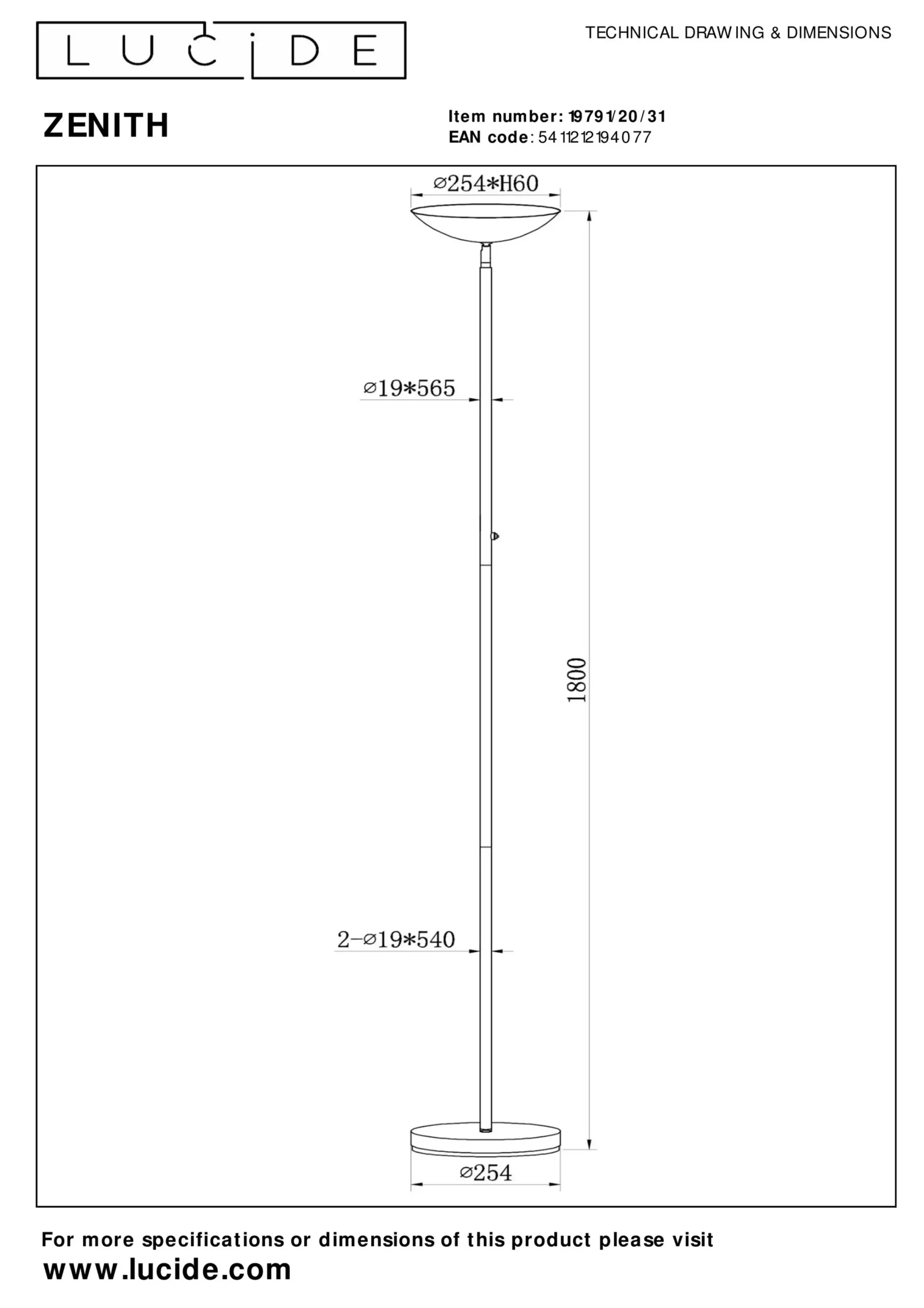 ZENITH - Vloerlamp - LED Dimb. - 1x20W 3000K - Wit*Lucide Online