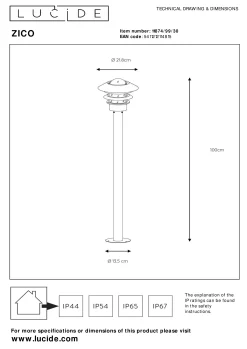 ZICO - Lantaarnpaal - Ø 21,8 cm - 1xE27 - IP44 - Zwart*Lucide Shop