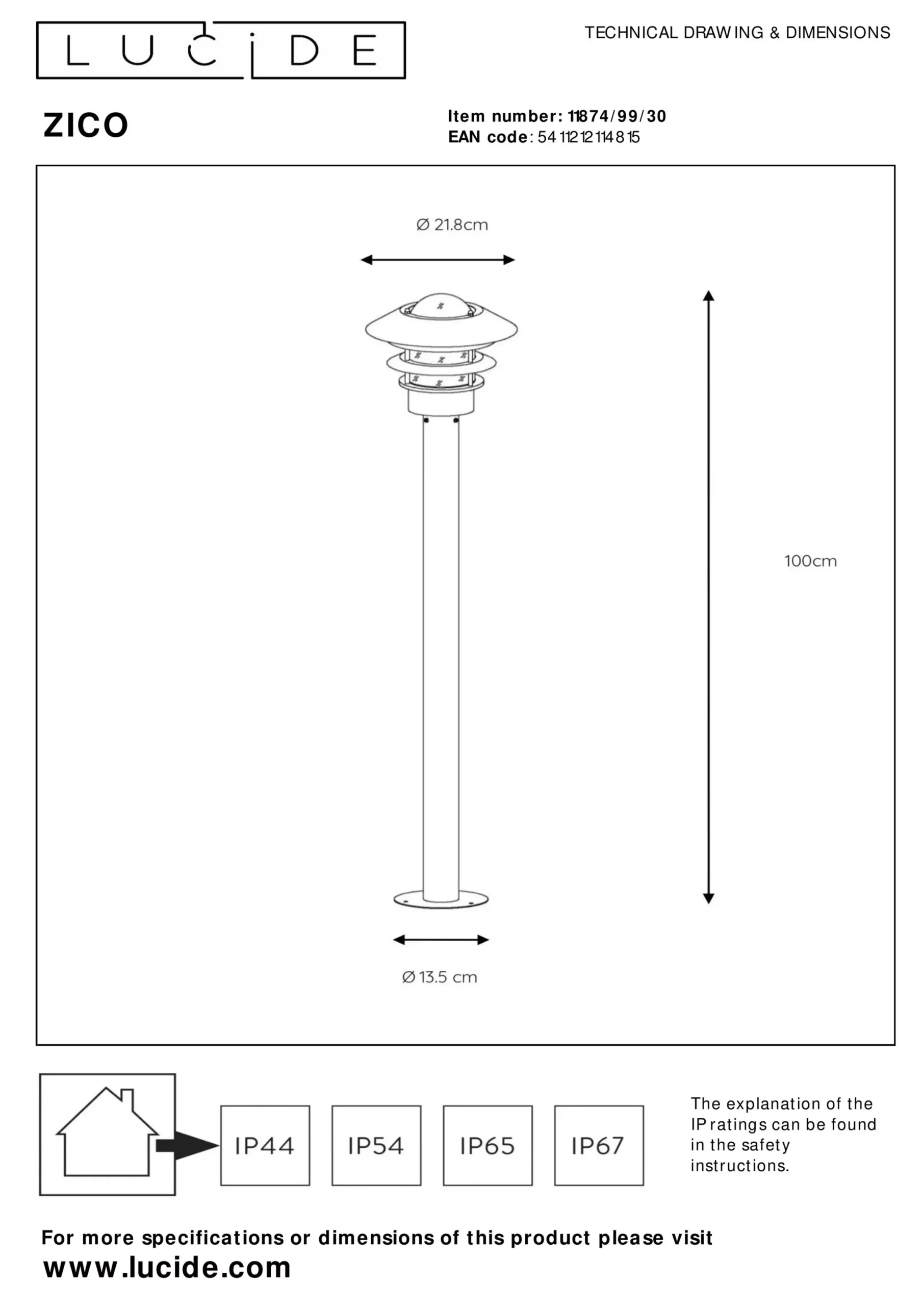 ZICO - Lantaarnpaal - Ø 21,8 cm - 1xE27 - IP44 - Zwart*Lucide Shop